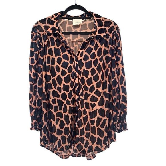 Umgee Women’s Brown Black Animal Print Velvet Burnout Button Front Blouse Large - Picture 3 of 12